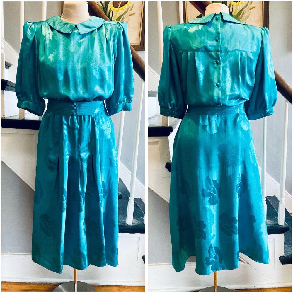 1980s Floral Teal Satin Midi Dress Quilted Belt Peter Pan Collar Wear To Work